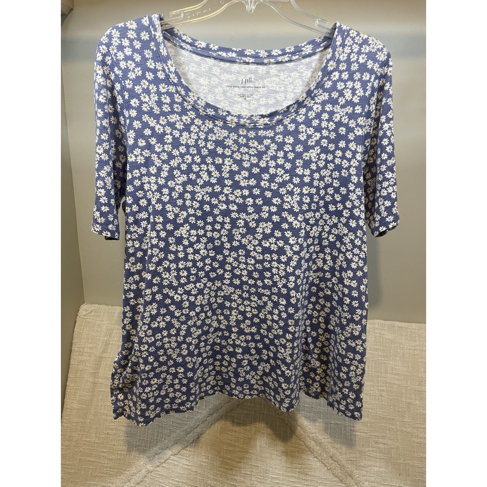 J.Jill Pima Cotton Scoop Neck Blue White Daisy Floral Elbow Sleeve Tee Women's M
